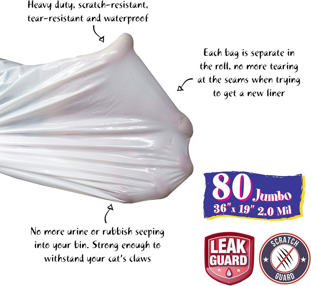 80 Count Litter Box Liners Super Thick, Durable, Easy Clean up Jumbo Drawstring