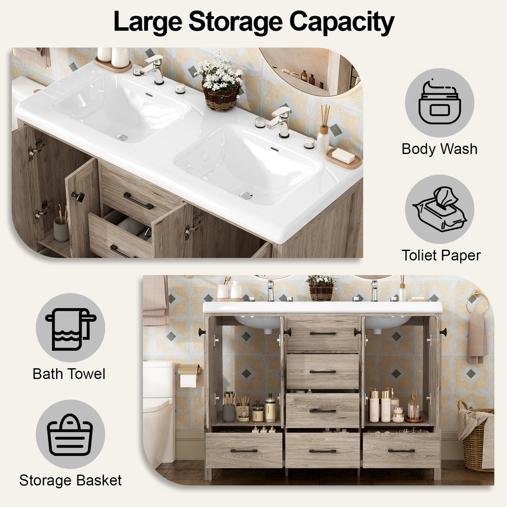 Premium Double Sink Vanity Combo with Two Ceramic Basins & Multi Layer Storage