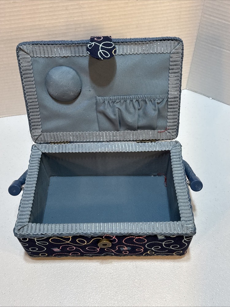 Sewing Basket Box Blue Fabric Plastic Woven Handle