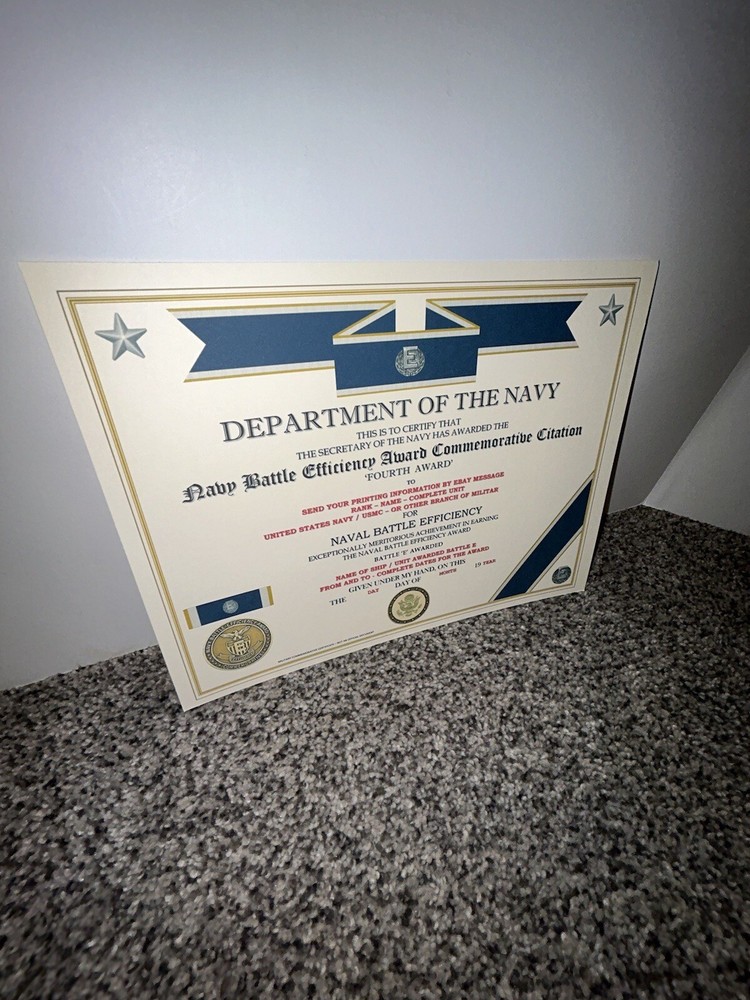 NAVY BATTLE E CITATION~4TH AWARD COMMEMORATIVE CERTIFICATE ~ TYPE-2 / W/PRINTING