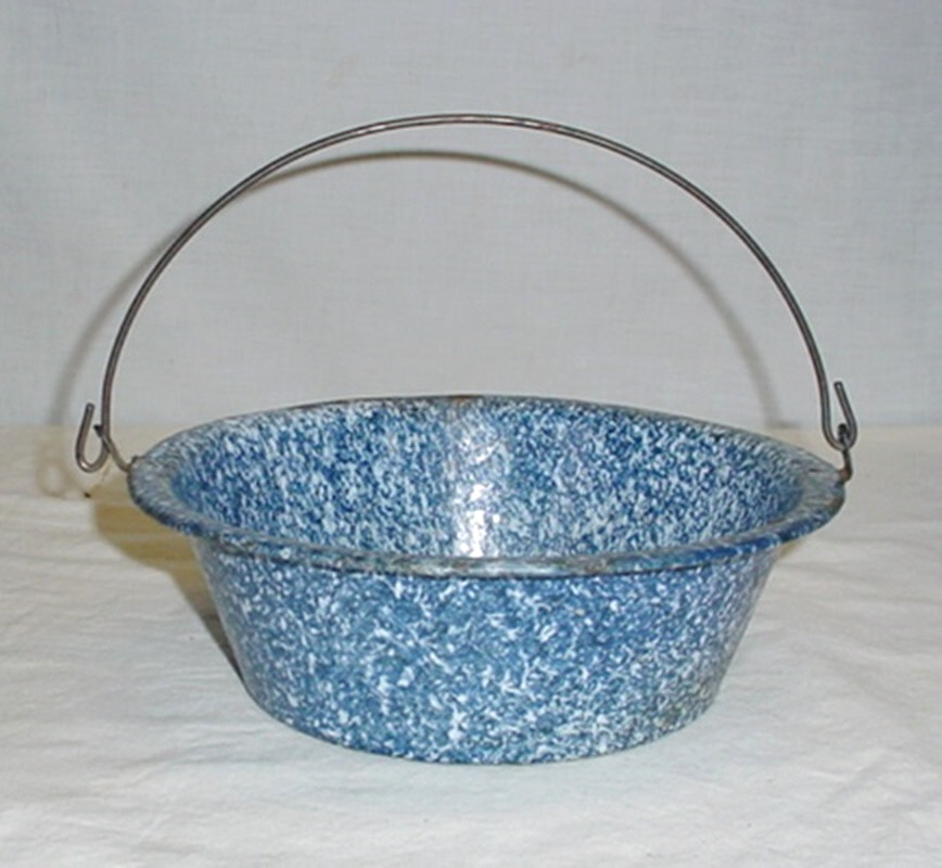 Vintage Camp Strainer Colander White Speckled Bail Handle Enamelware Graniteware