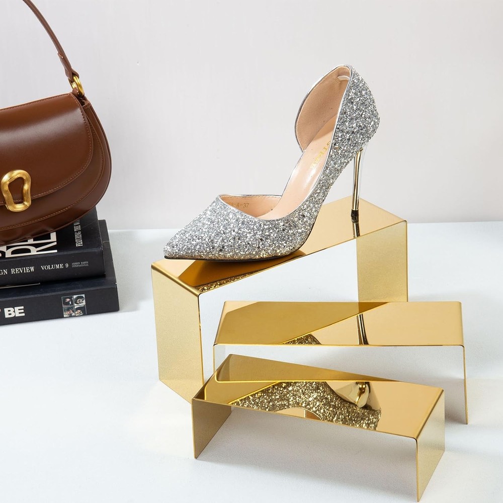 Handbag display rack, 3 gold-colored display stands