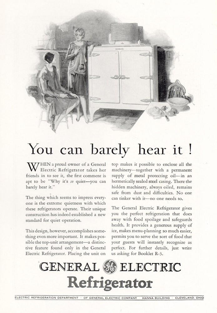 1929 General Electric Refrigerator: Barely Hear It Vintage Print Ad