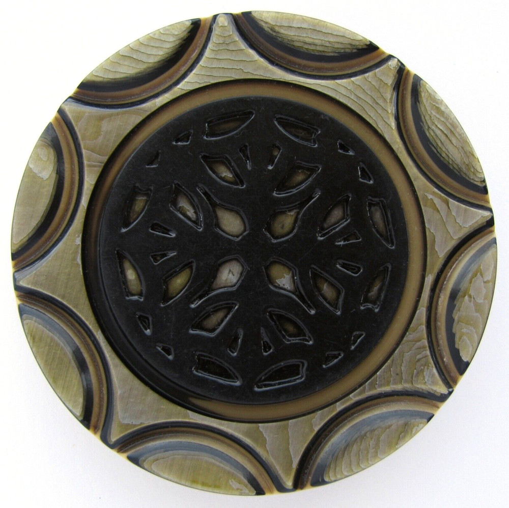 Extra Large Celluloid Wafer Button Laminated Layered Carved with Ornate Pattern