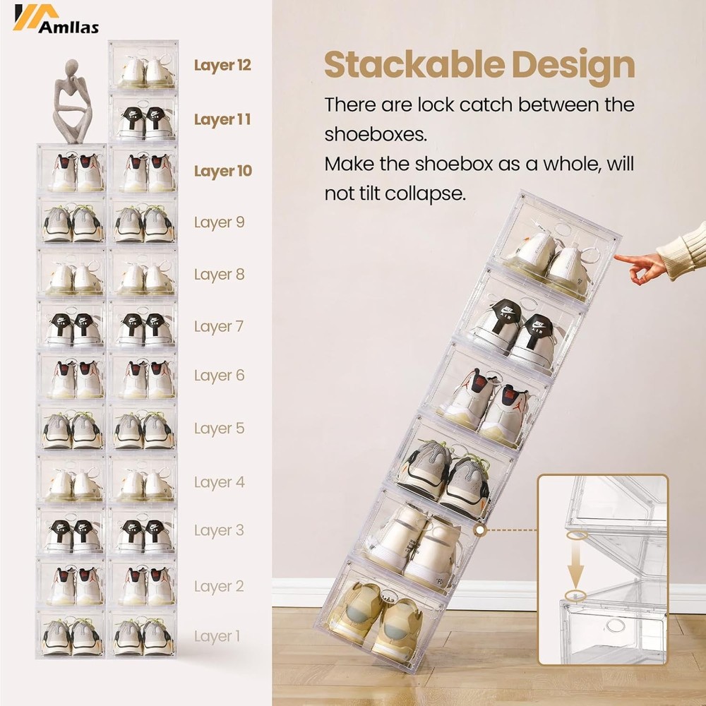 12 Pack Clear Shoe Boxes Stackable,Shoe Storage Boxes Closet,Sturdy Shoe Box