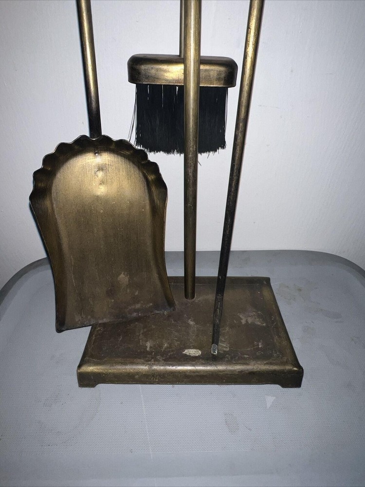 Vintage Solid Hammered Brass 3 Piece Fireplace Tool Set w/ Stand Bronze Metallic