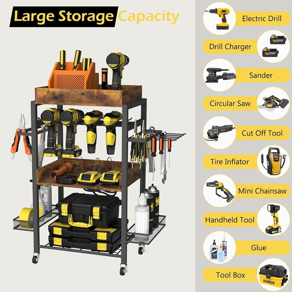 Power Tool Organizer Open Tool Chest w/Wheels Charging Station Workshop Garage