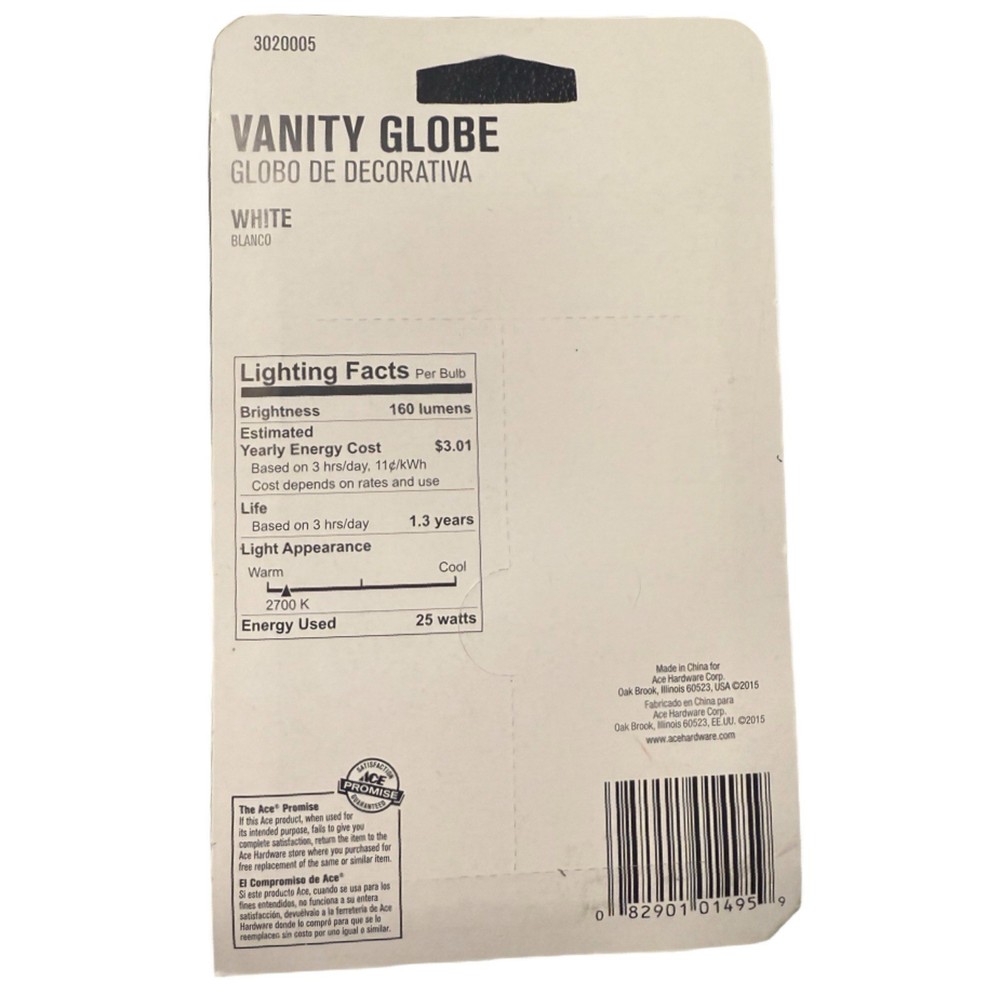 Ace 3020005 Vanity Globe Bulbs 25W Frosted 2 Pack