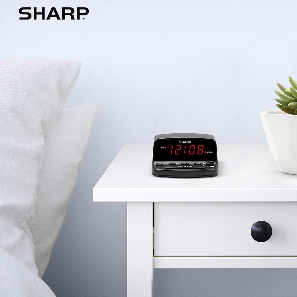 SHARP Digital Alarm Clock with Keyboard Style Controls, Battery Black