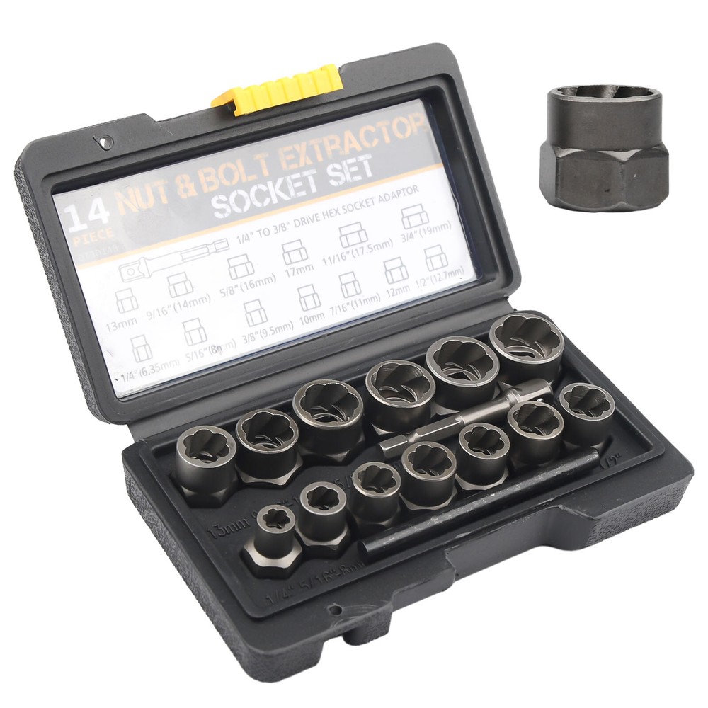 15PC Impact Bolt & Nut Remover Set Extractor Damaged Rusted Adapter Storage Case