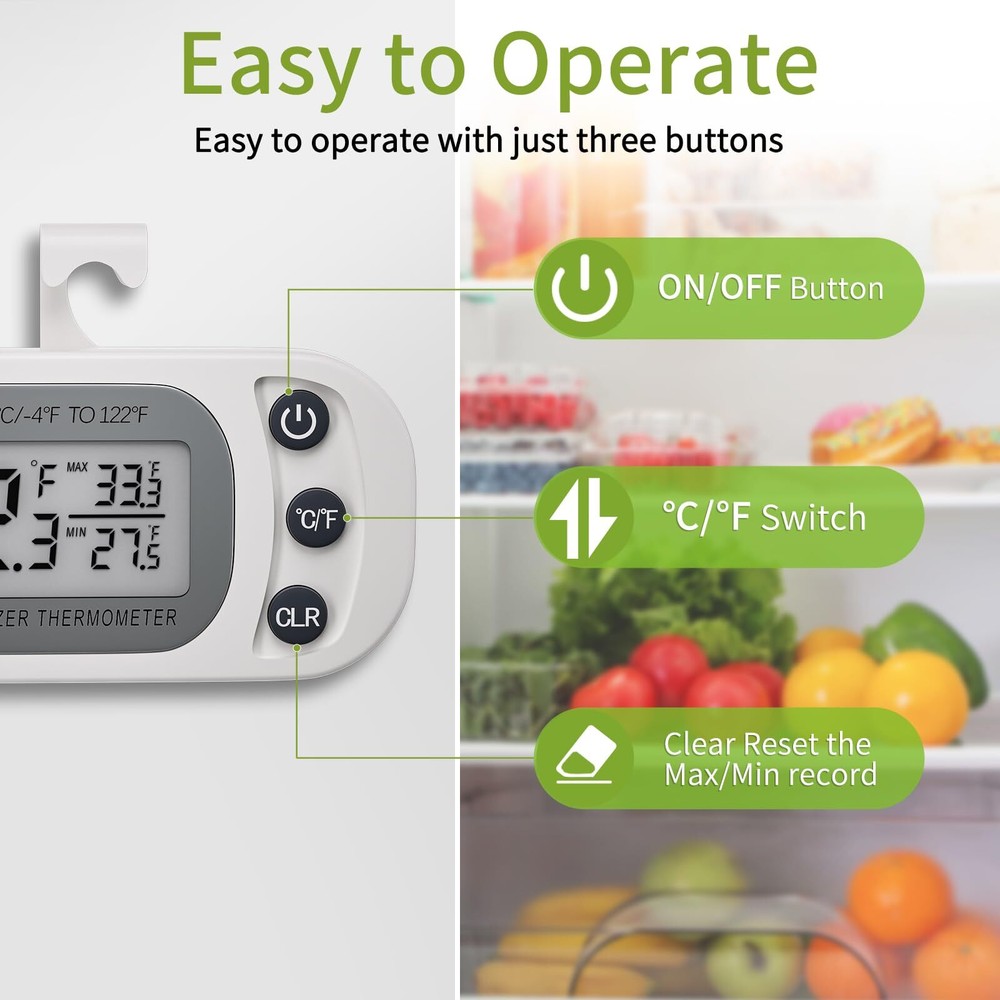 2 Pack Digital Fridge Thermometer with Hook and LCD Display for Kitchen Home