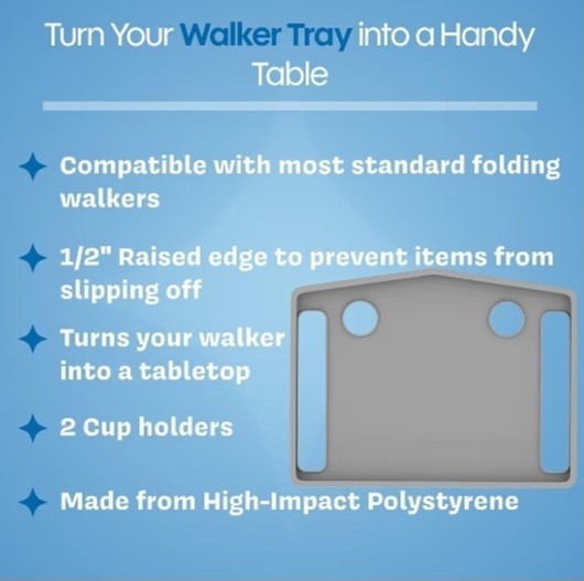 Tray Table with 2 Cup Holders for Standard Folding Walkers - Gray
