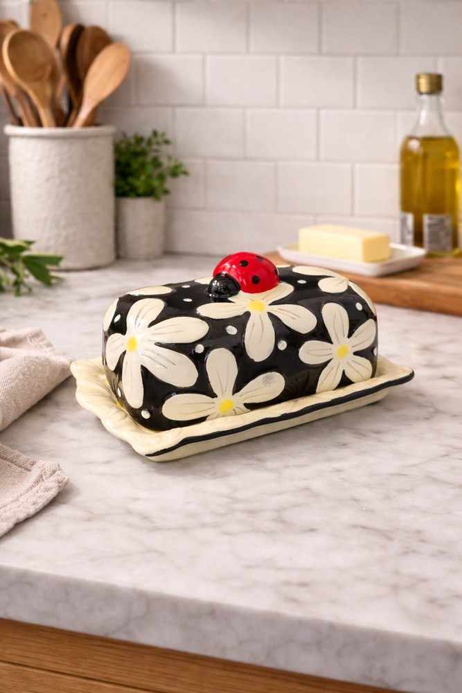 New Ceramic Summer Spring Ladybug On Daisy Flower Kitchen Butter Dish