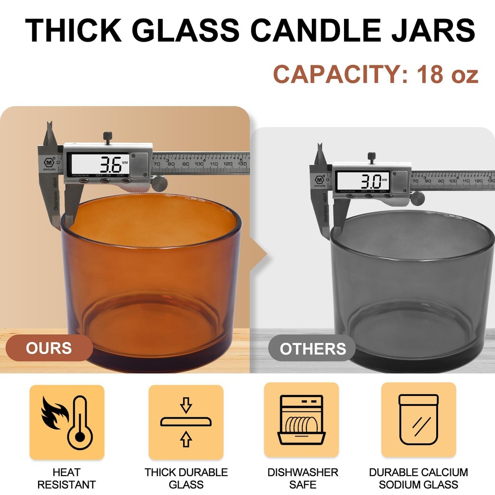6 PCS 18 oz Thick Candle Jars Making Empty Wood Lids Sample Container Brown Kit