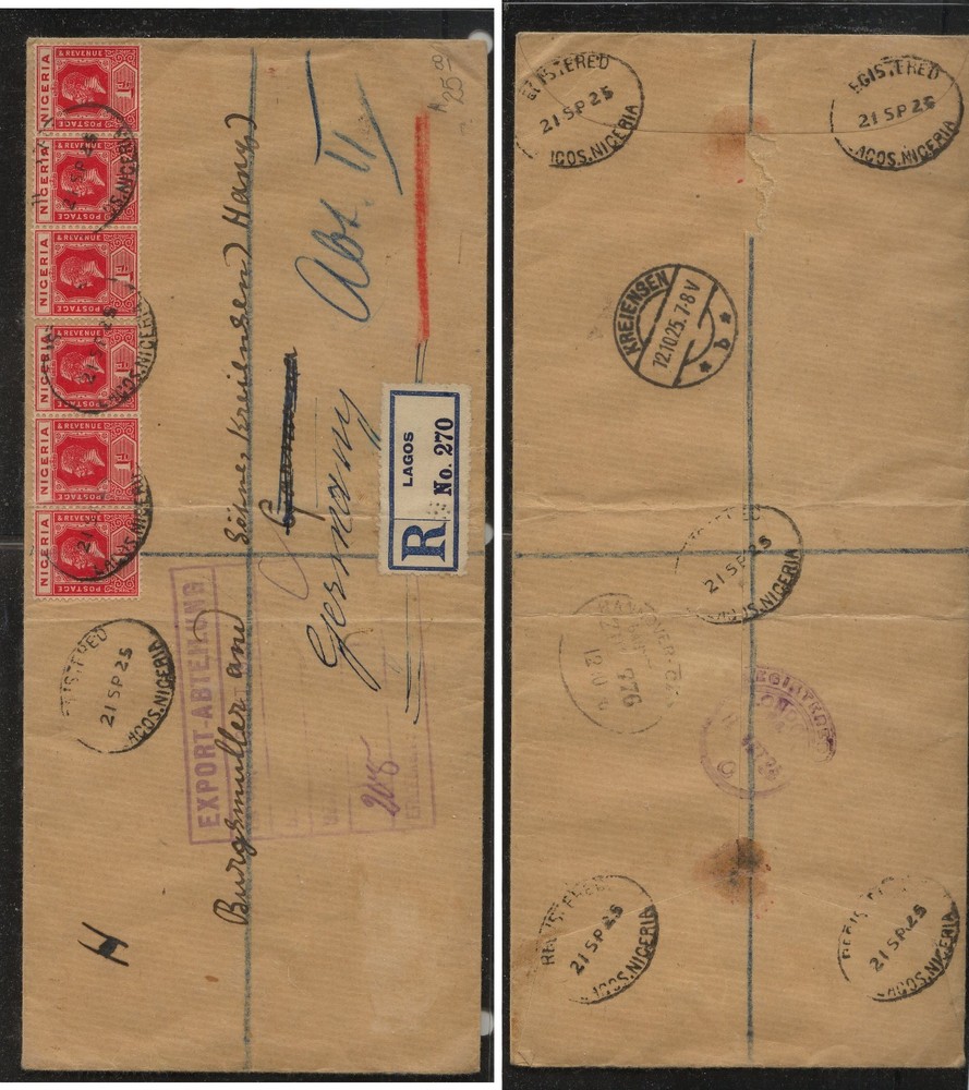 Nigeria   registered     cover to   Germany    1925     MS1204