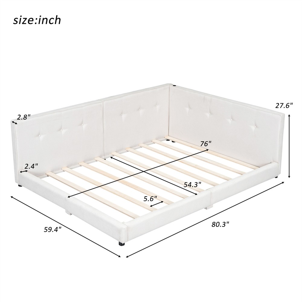 Full/Queen Size Bed Frame Upholstered Platform Bed w/ USB Ports Beige/Blue