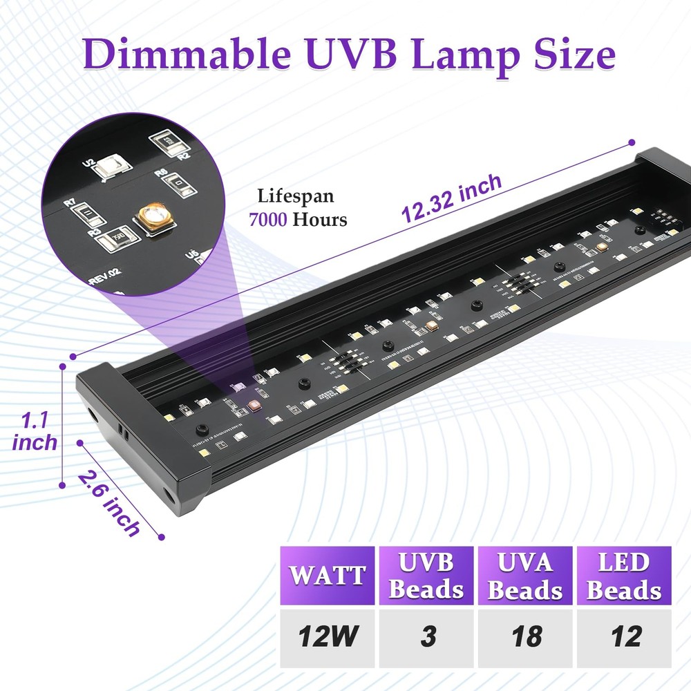 Dimmable UVB Light for Reptiles, 3 Modes Lighting, Adjustable 4, 8, 12 Hour C...