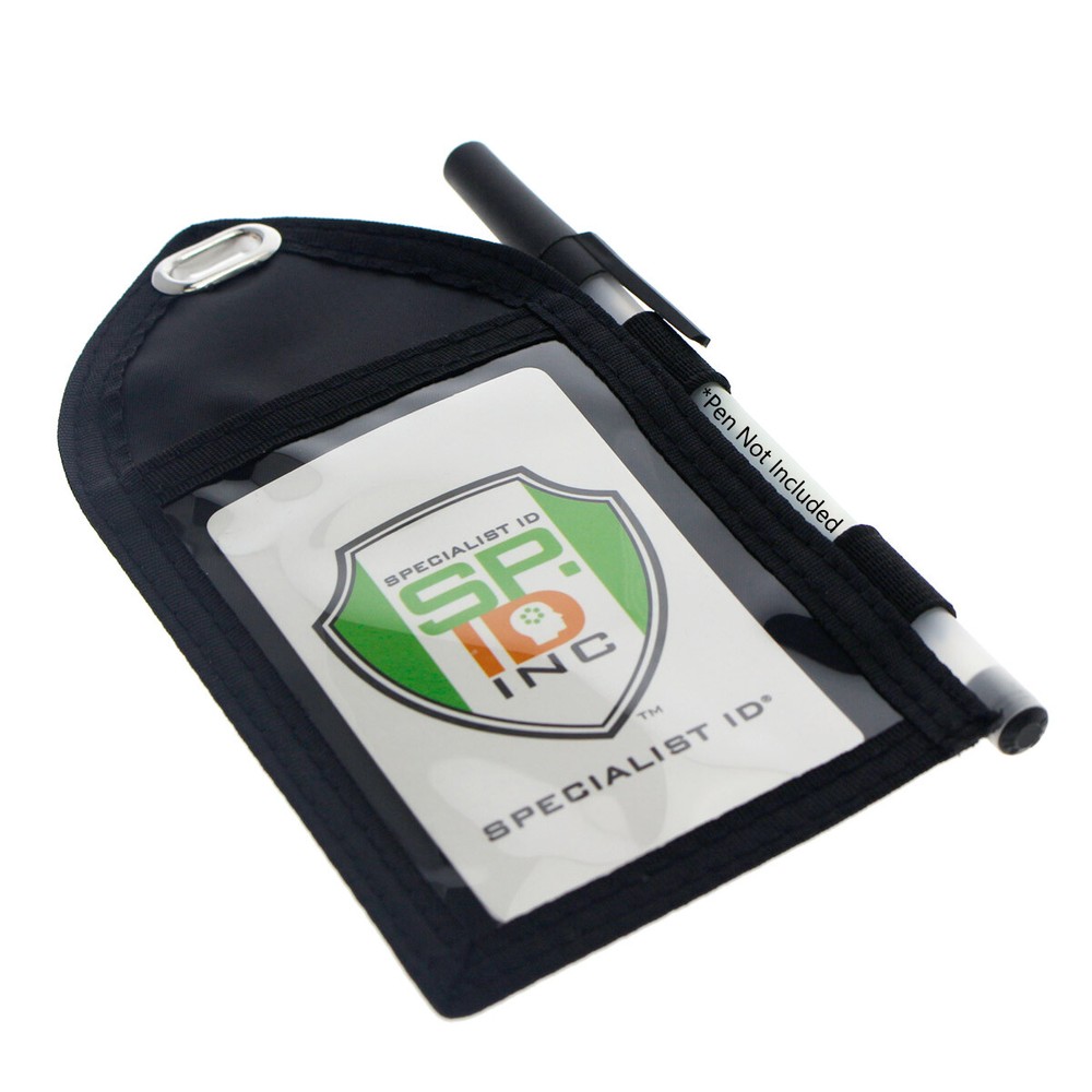 Nylon Badge Holder with Pen Loop - 2 Pockets - Window Front - Hidden Back Pouch