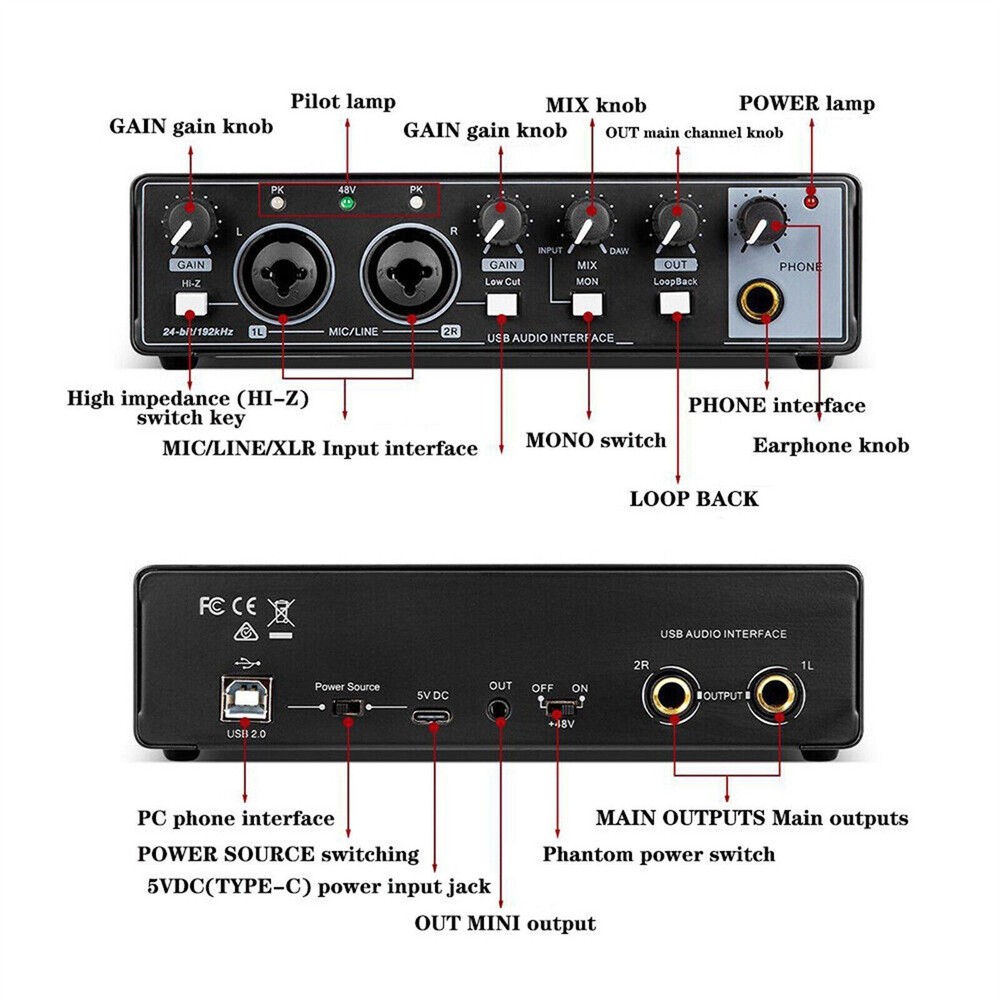 For Studio Recording USB Live External Sound Card Audio Interface Live Streaming