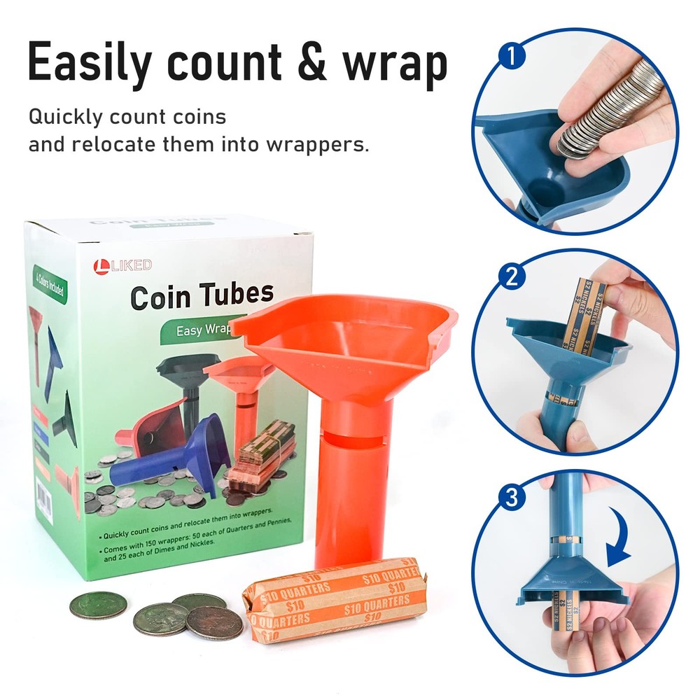 Assorted Flat Striped Coin Wrappers with 4 Color-Coded Sorter Tubes