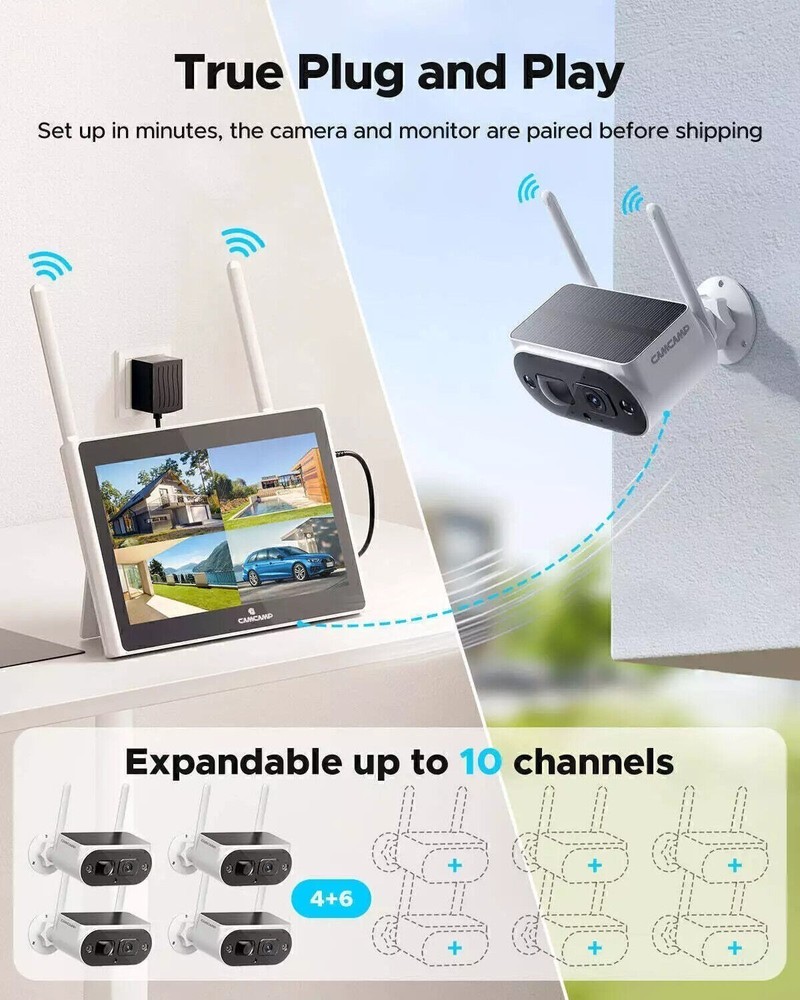 Solar Power Wireless Security Cameras System Outdoor with 10" NVR CCTV ColorVu
