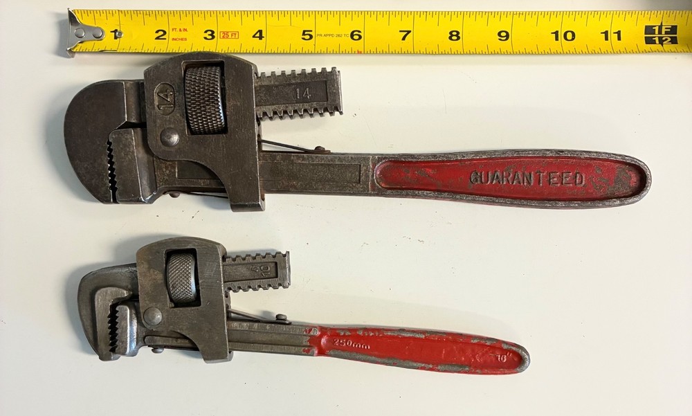 Vintage Adjustable Wrench Lot 10" & 14" Red Handle