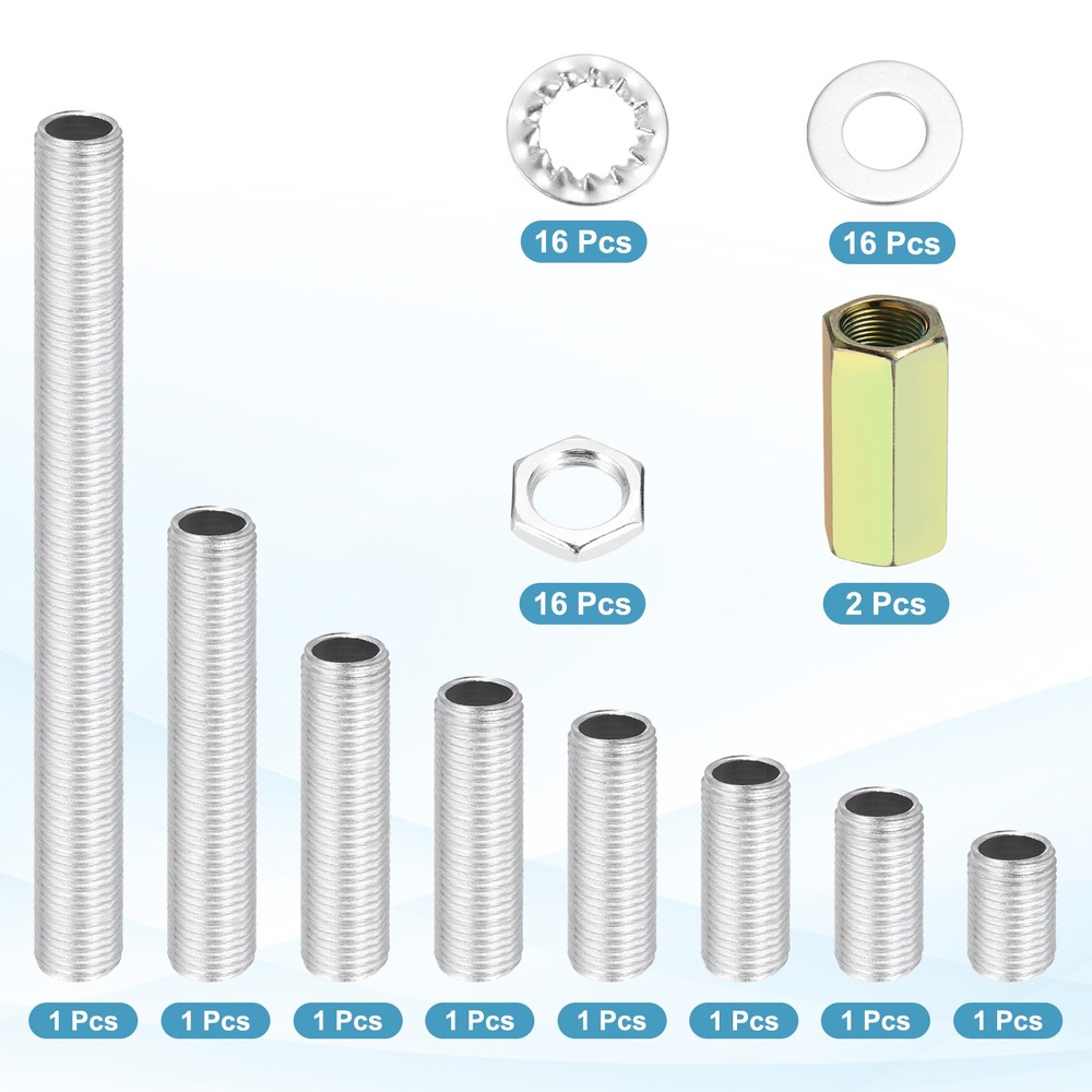 58 Pcs 8 Size M10 Lamp Pipe Kit with Lock Nuts Washers, Silver