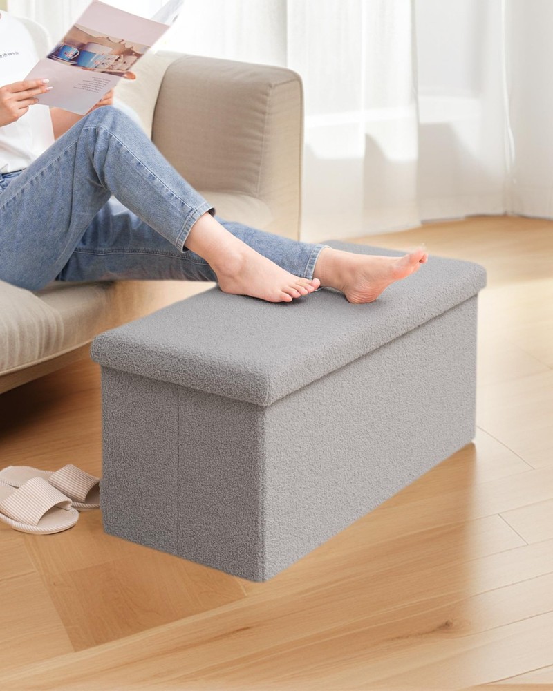 30 Inch Storage Ottoman Bench, Boucle Folding Ottoman Footstool, Rectangular ...