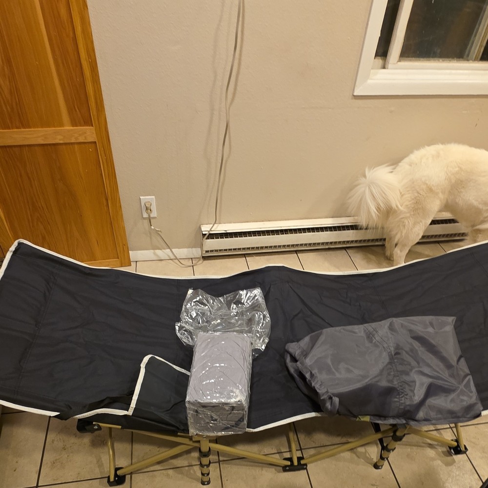 Portable Foldable Camping Cot Black Gray Polyester Metal Frame with Carry Bag