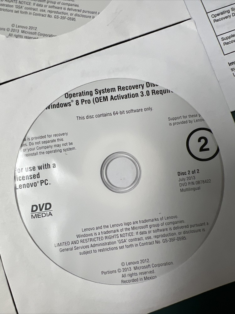 LENOVO WINDOWS 8 PRO OPERATING SYSTEM RECOVERY DISCS / 4-DISC SET