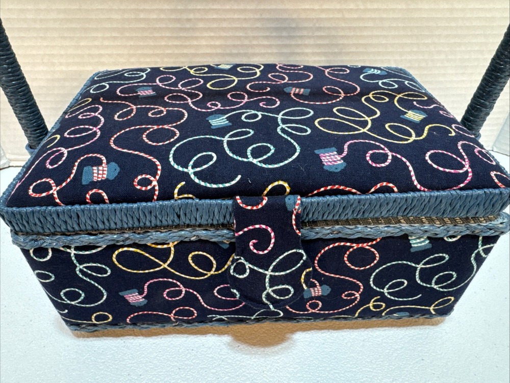 Sewing Basket Box Blue Fabric Plastic Woven Handle