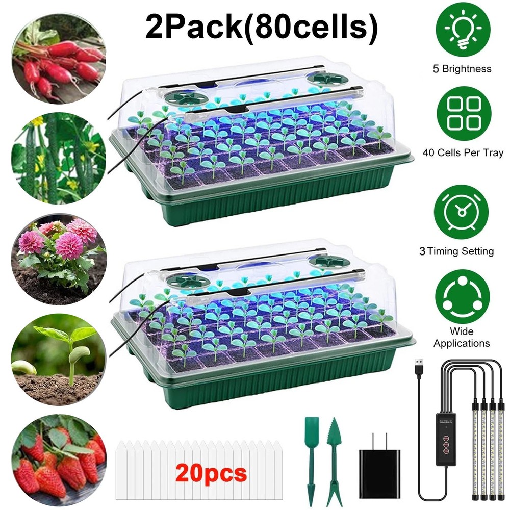 2 Set 80-Cell Seed Starter Tray with Grow Light, Self-Watering Seed Starter Kit