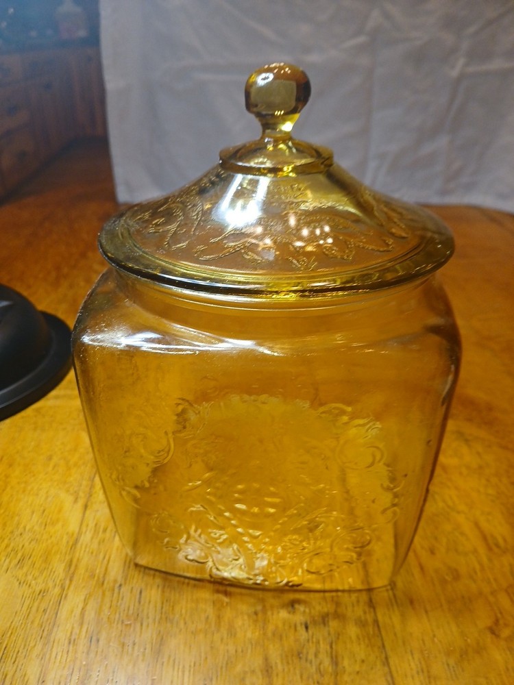 Amber Biscuit Jar. 8" Tall. Vintage Madrid Pattern. Depression Glass.