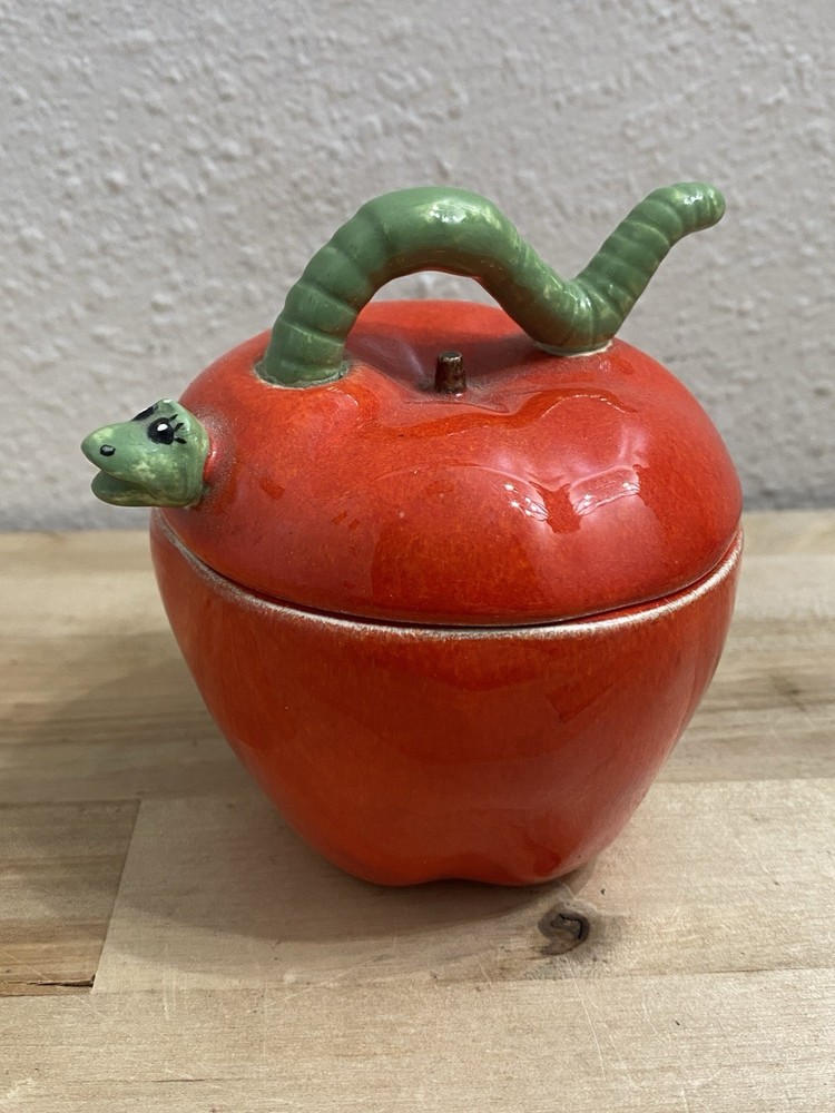 Apple and The Worm Trinket Container Jar Ceramic  3.5” Tall