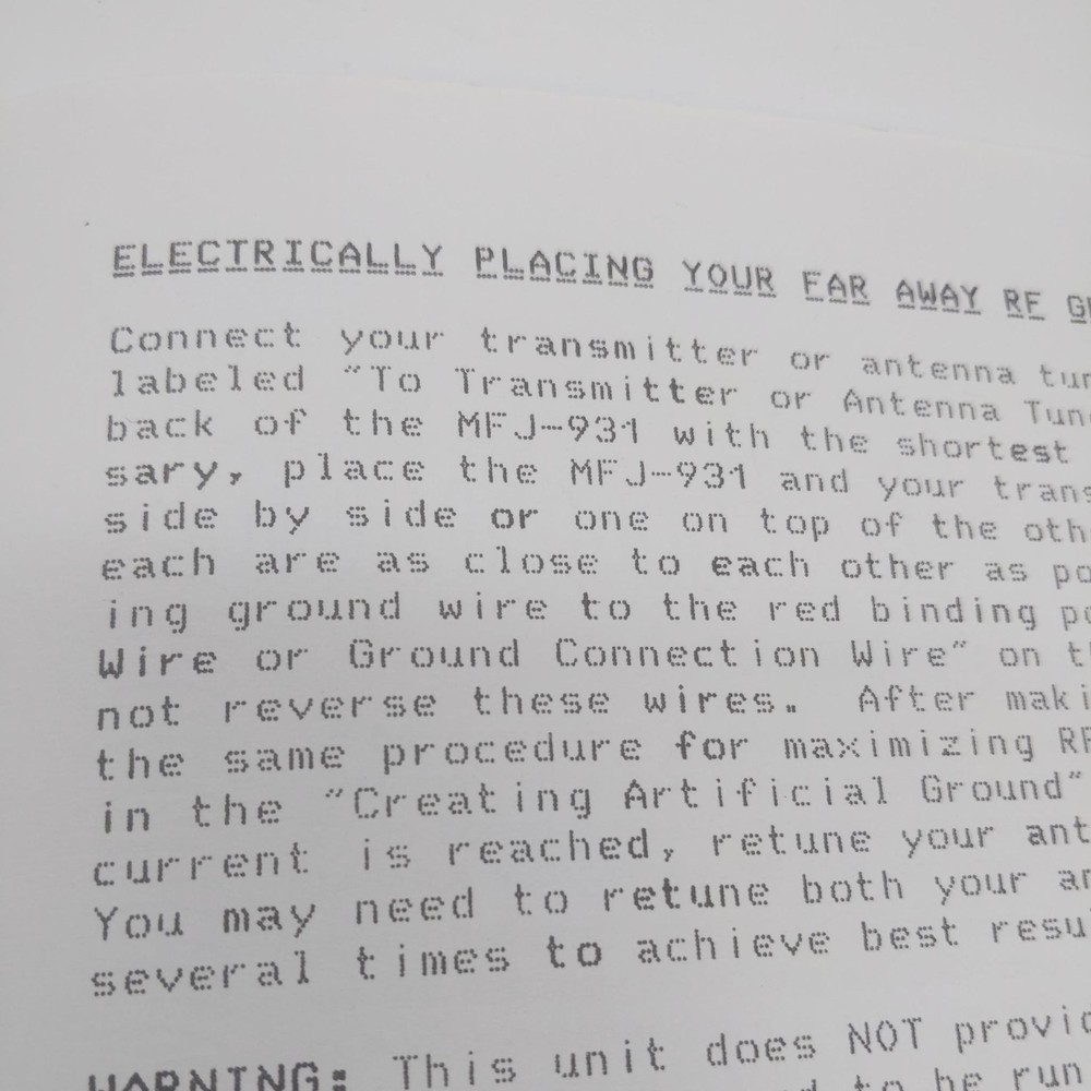 MFJ-931 Artificial RF Ground Owner's Manual, Original