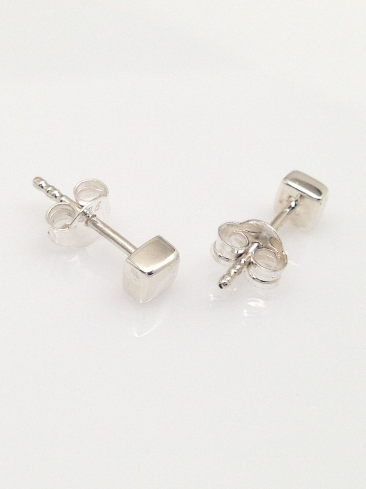 Solid Cube Stud Earrings 925 Sterling Silver Dainty Post Stud Mens Womens 3.5mm
