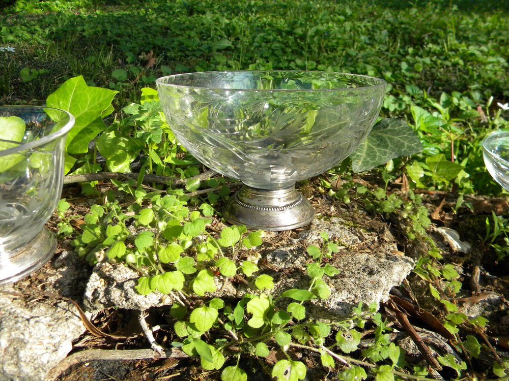 etched glass candy nut dishes with sterling bases
