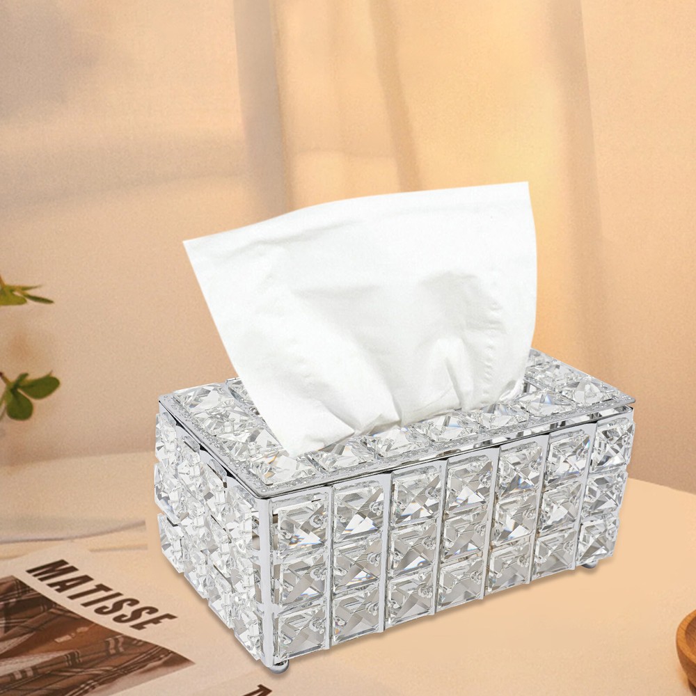 Crystal Tissue Box Rhinestone Rectangular Napkin Case Paper Tissue Holder Box