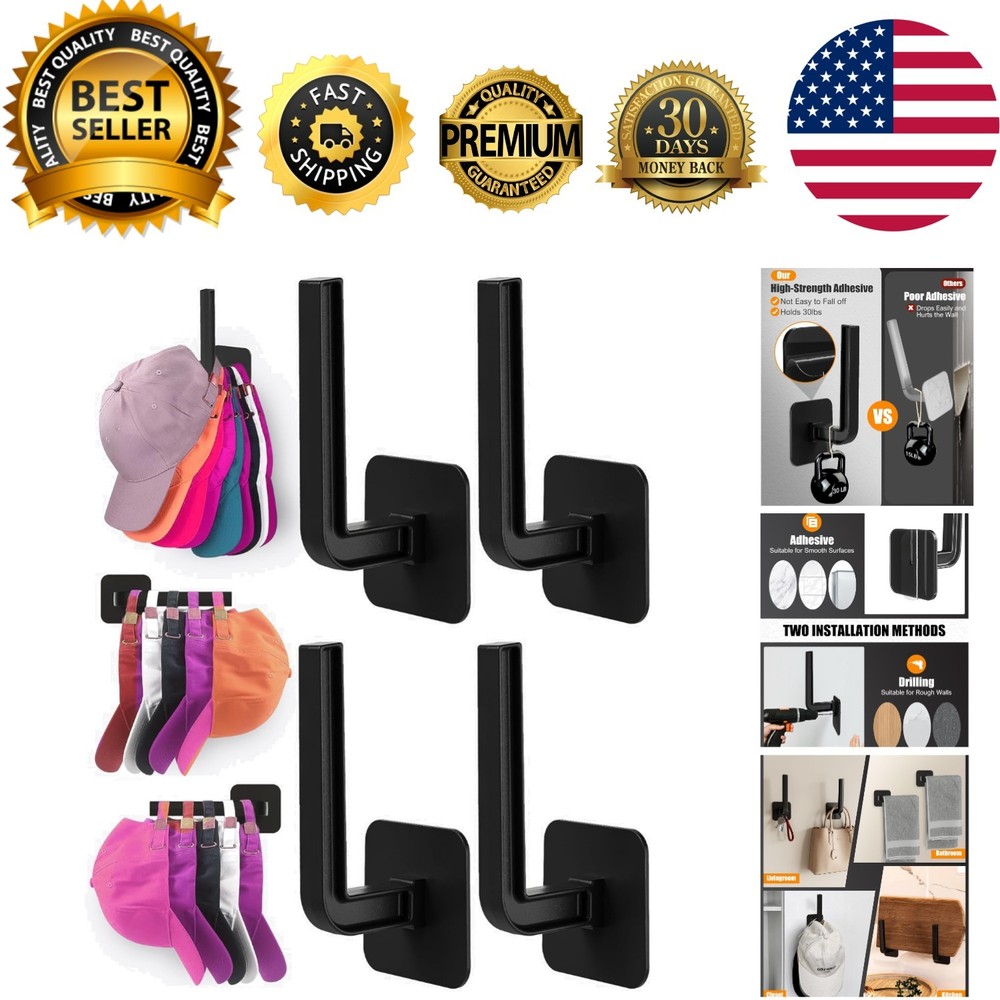 Hat Rack for Hat Storage 4-Pack, Multi-Purpose Hat Organizer, Strong Adhesive...
