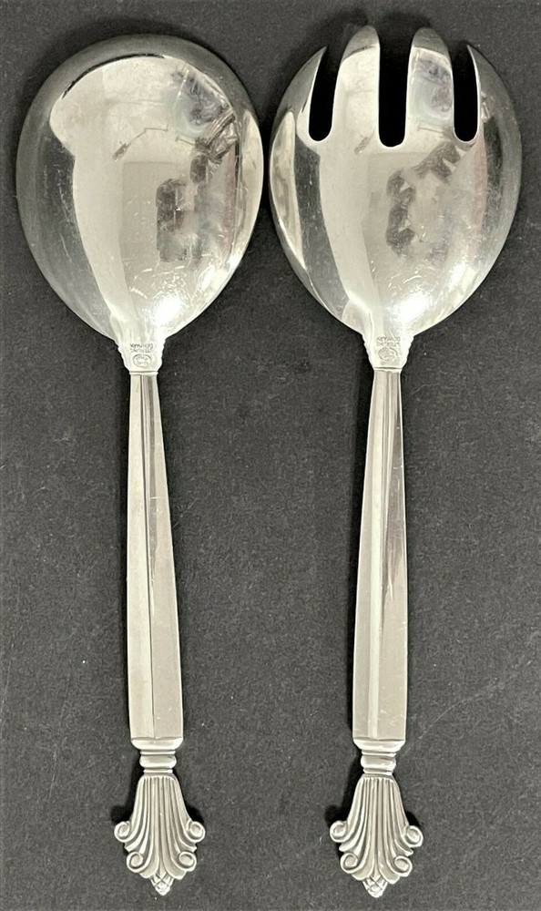 Original Georg Jensen 8” Acanthus Sterling Silver Serving Spoon and Fork