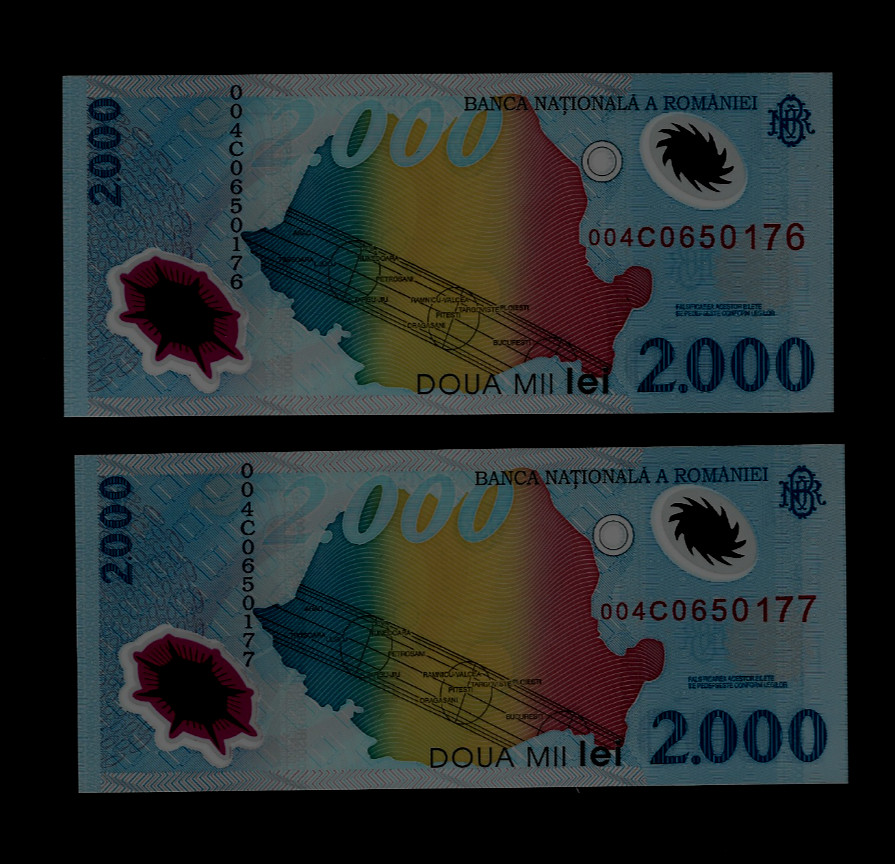 ROMANIA(2 )CONSECUTIVE BANK NOTES  2000 LEI (1999) P M 111 CRISP UNC  POLYMER