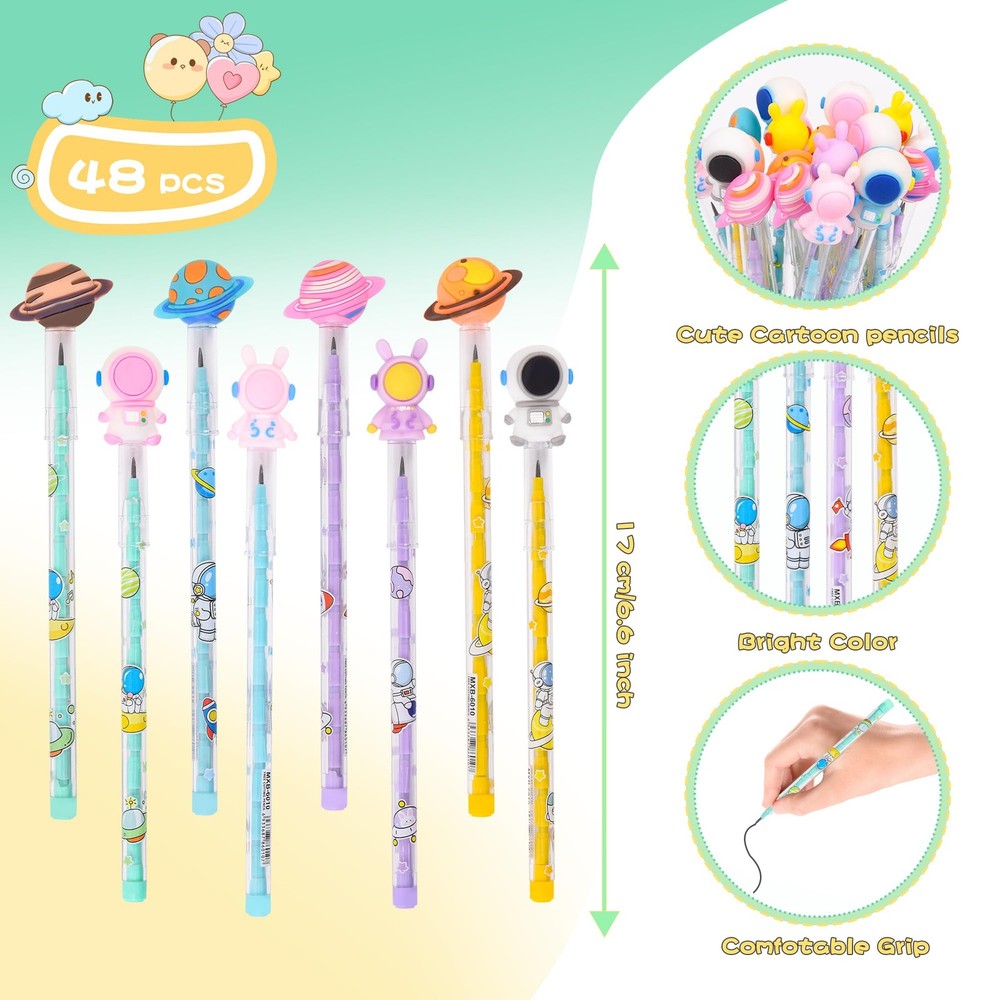 48 Pieces Cute Stackable Pencils Space Study Supplies Translucent Multi Point