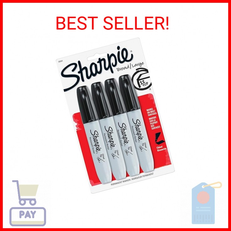 Sharpie Permanent Markers, Chisel Tip, Black, 4 Count