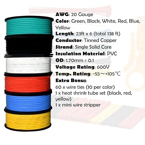 20 AWG Solid Core Wire 6 colors each 23ft/7m 20 AWG Solid Wire PVC Insulation
