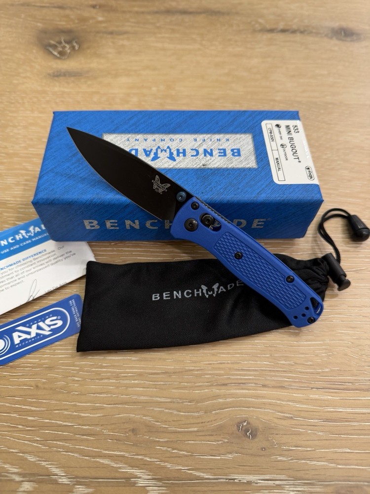 Benchmade 533 Mini Bugout Blue Grivory Handle Black Blade Folding Knife