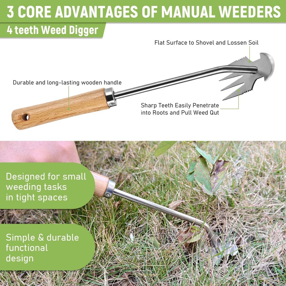 3 Pcs Set Weed Puller Tool,Hand Weeder Tool,4Teeth Uprooting Weeding Tool, Cr...