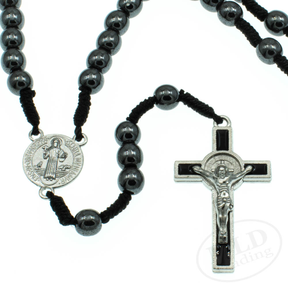 Saint St Benedict Medal Cord Rosary Black Hematite Beads Rosario San Benito 12"