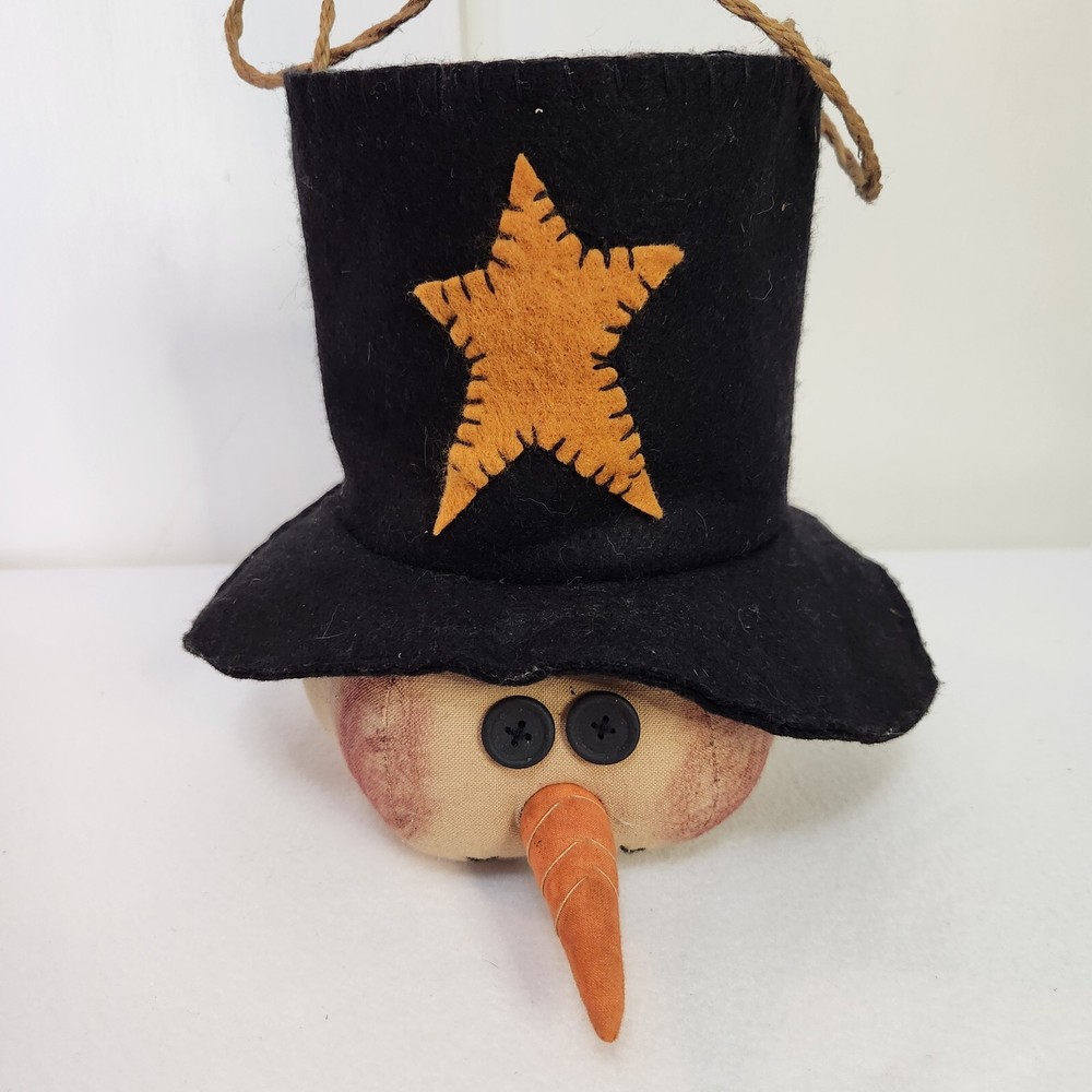 Handmade Stitched Primitive Look Fabric Snowman Head Hanging Open Hat Button Eye