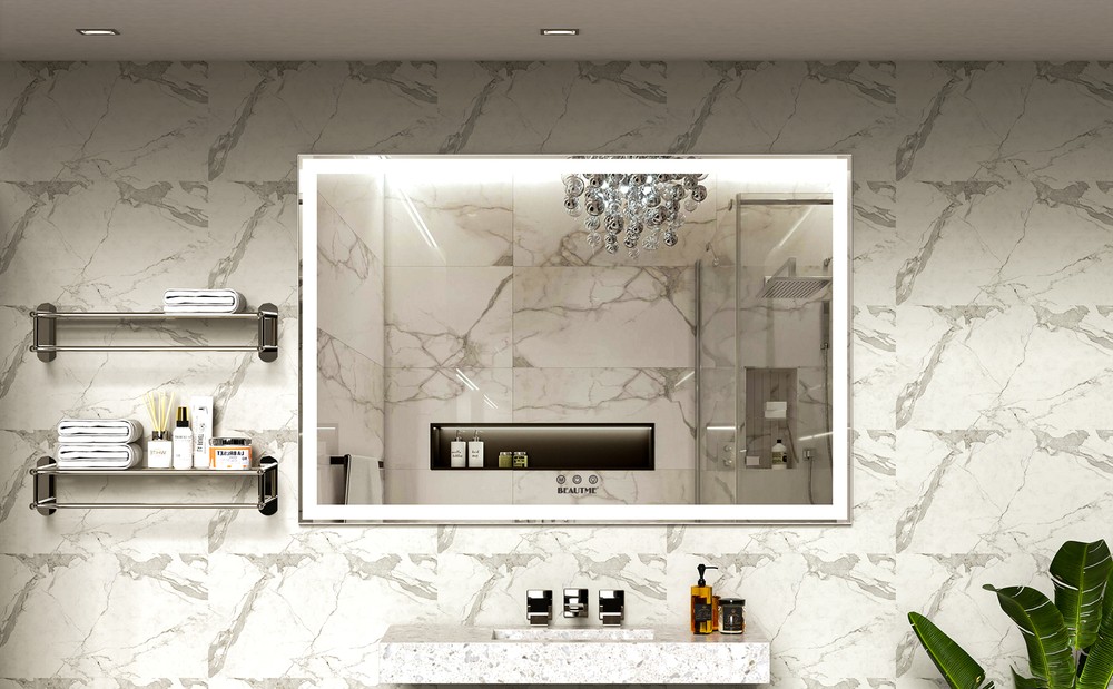 60"x40" LED Rectangle Bathroom Mirror Mirror Wall Mounted Silver Aluminum Frame