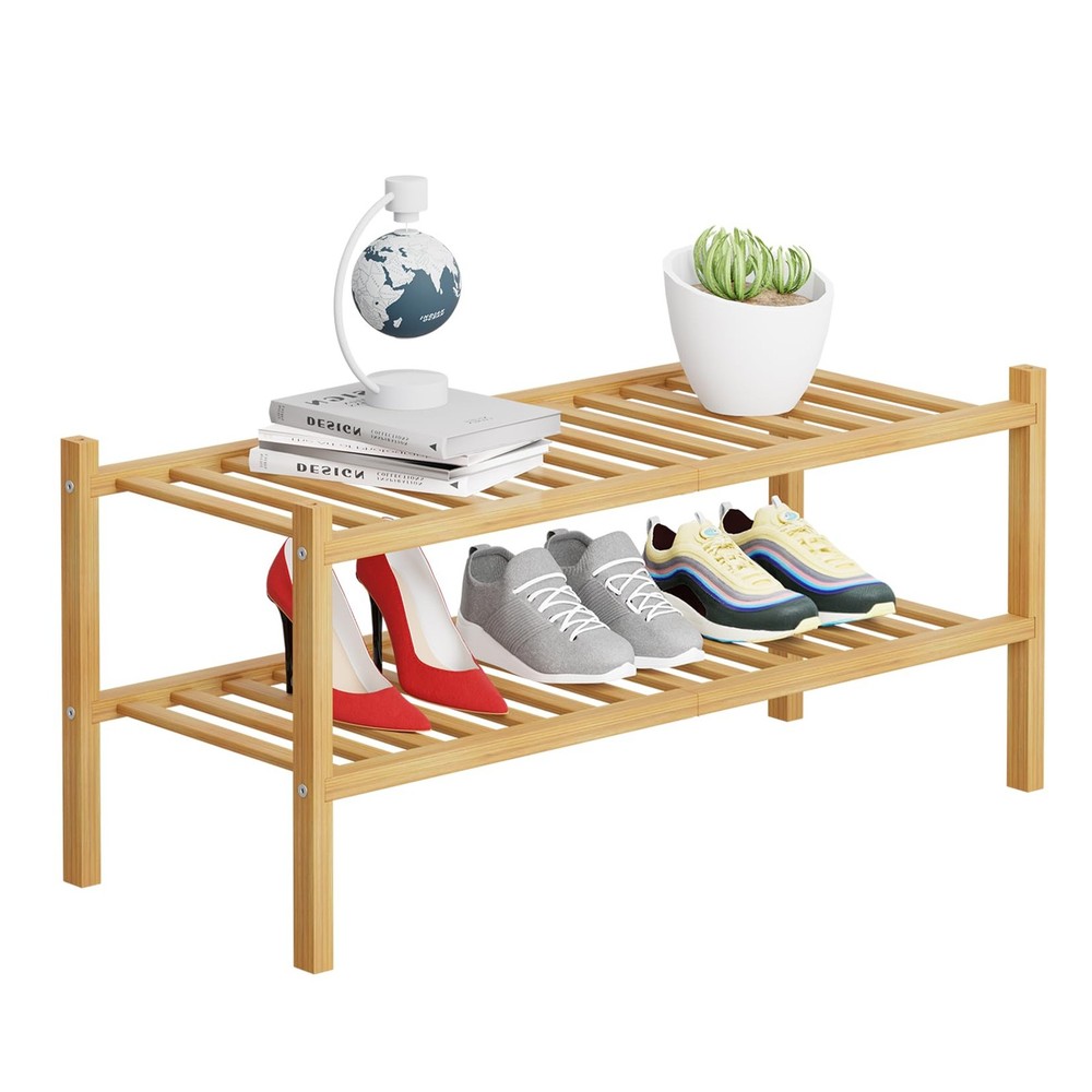 2 Tier Bamboo Shoe Rack Storage Organizer for Closet, Multifunctional Stackab...